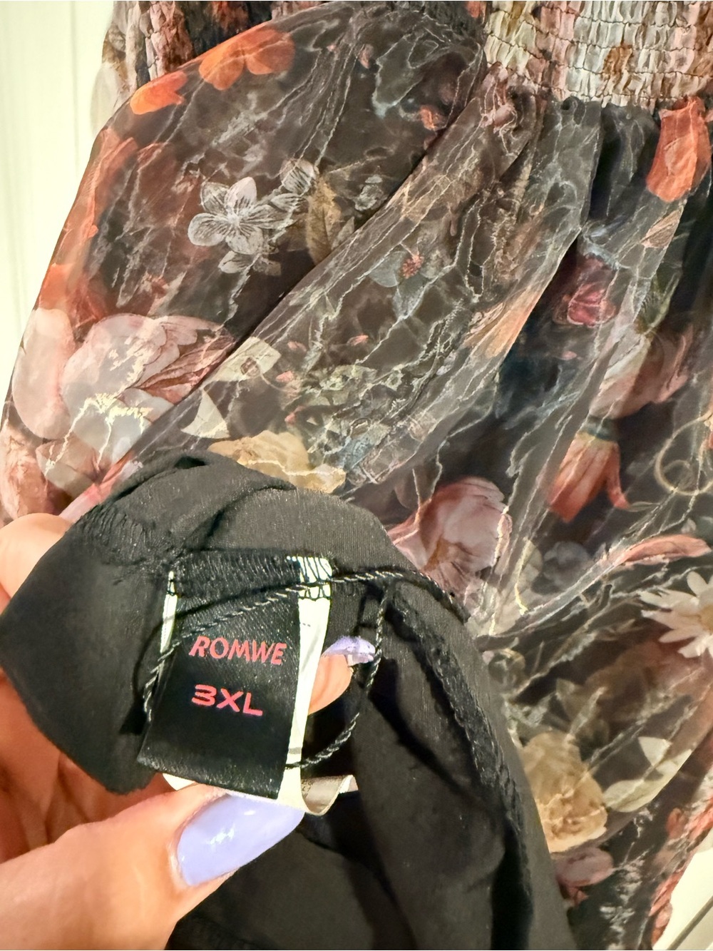 ROMWE Black Sheer Floral Tiered Dress with Pink and Orange Blooms - Picture 4 of 7